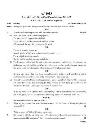 Bilaspur University Question Paper 2021-2022:B.A. Part-II (Two) English Literature Paper 2