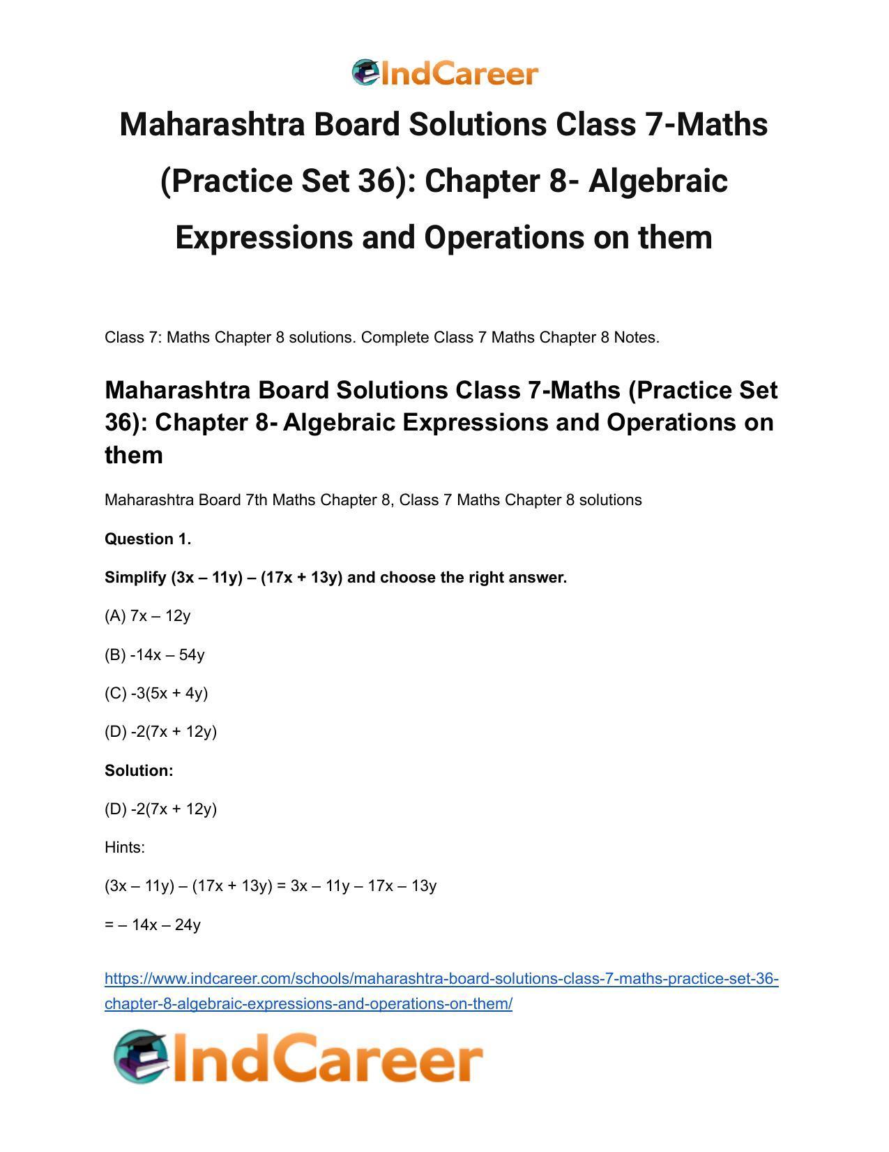 Maharashtra Board Solutions Class 7-Maths (Practice Set 36): Chapter 8- Algebraic Expressions and Operations on them - Page 2