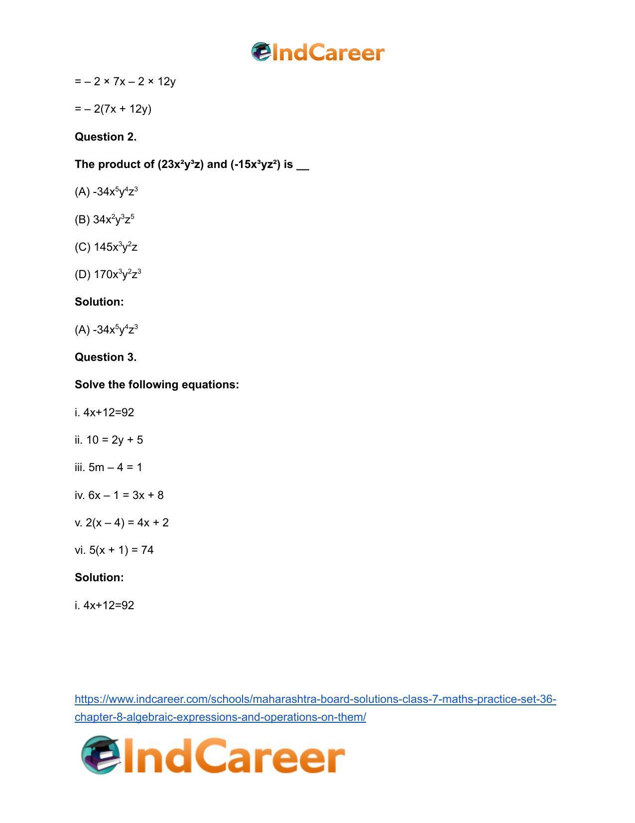 Maharashtra Board Solutions Class 7-Maths (Practice Set 36): Chapter 8- Algebraic Expressions and Operations on them - Page 3