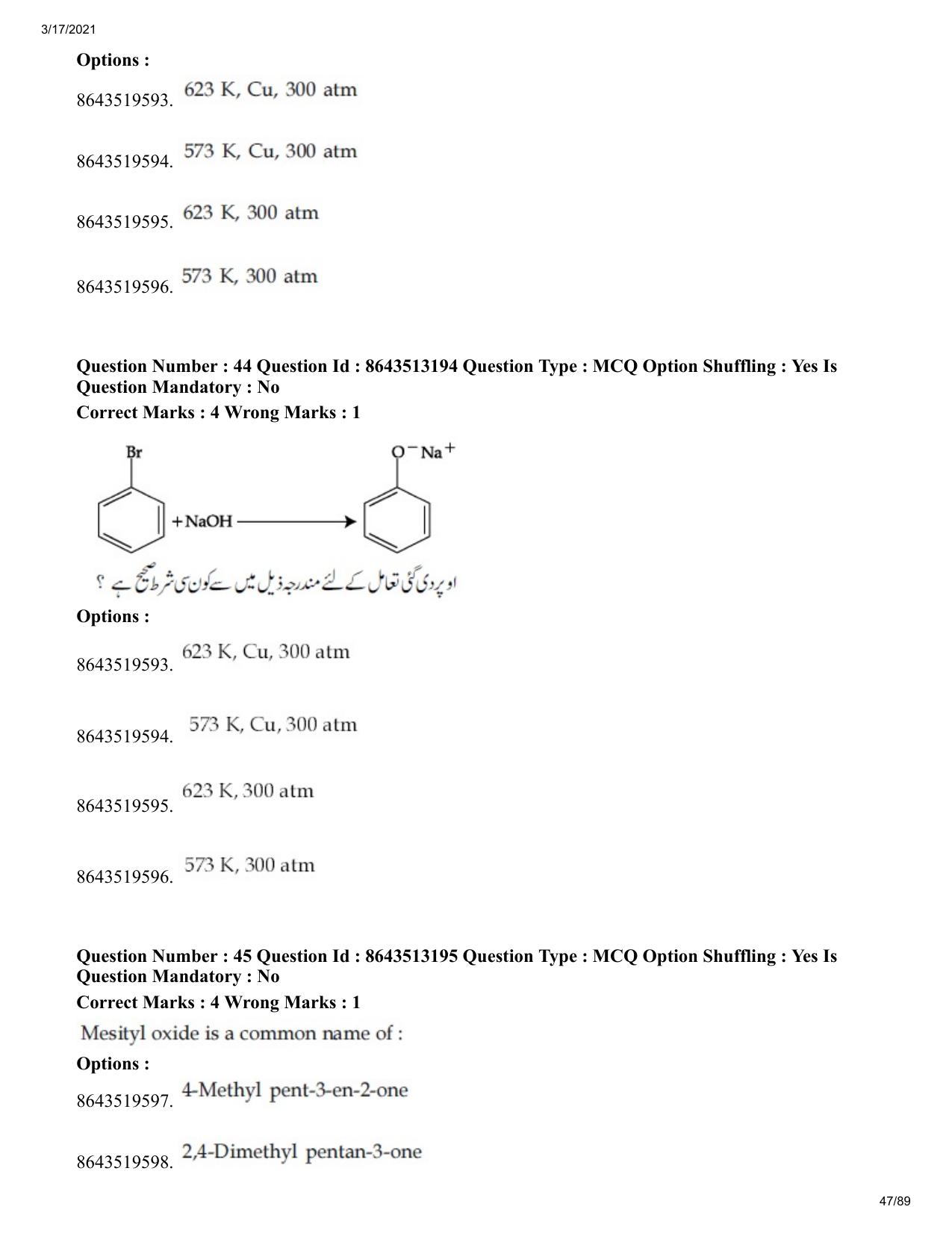 JEE Mains 2021: BTech EU (Shift 1) 17-03-2021 Question Paper - Page 47