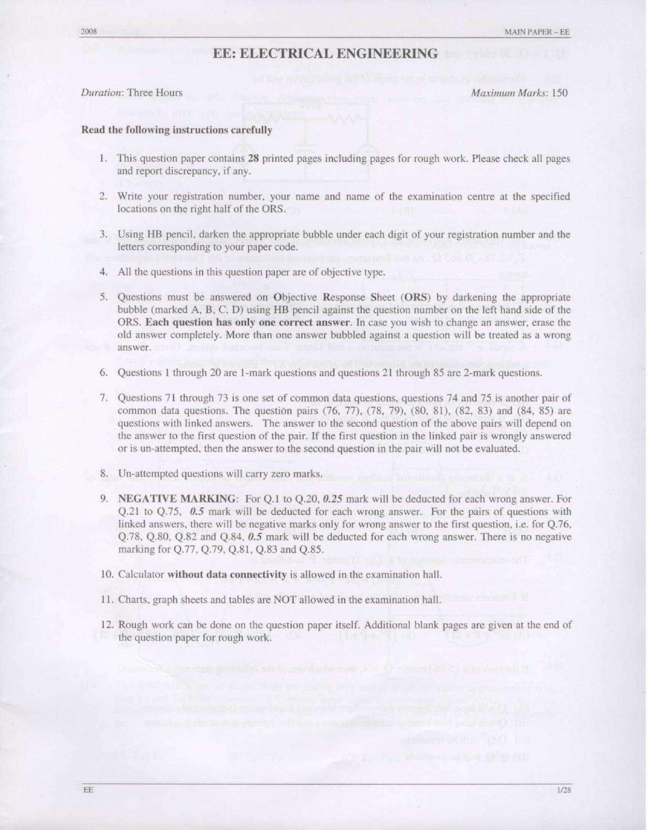 GATE 2008 Electrical Engineering (EE) Question Paper with Answer Key - Page 1