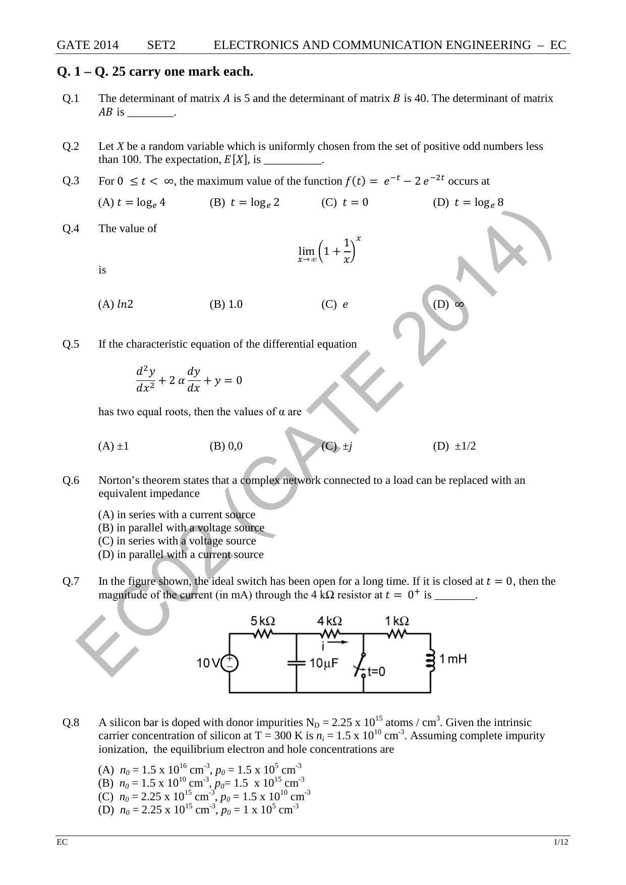 GATE 2014 Electronics and Communication Engineering (EC) Question Paper with Answer Key - Page 27