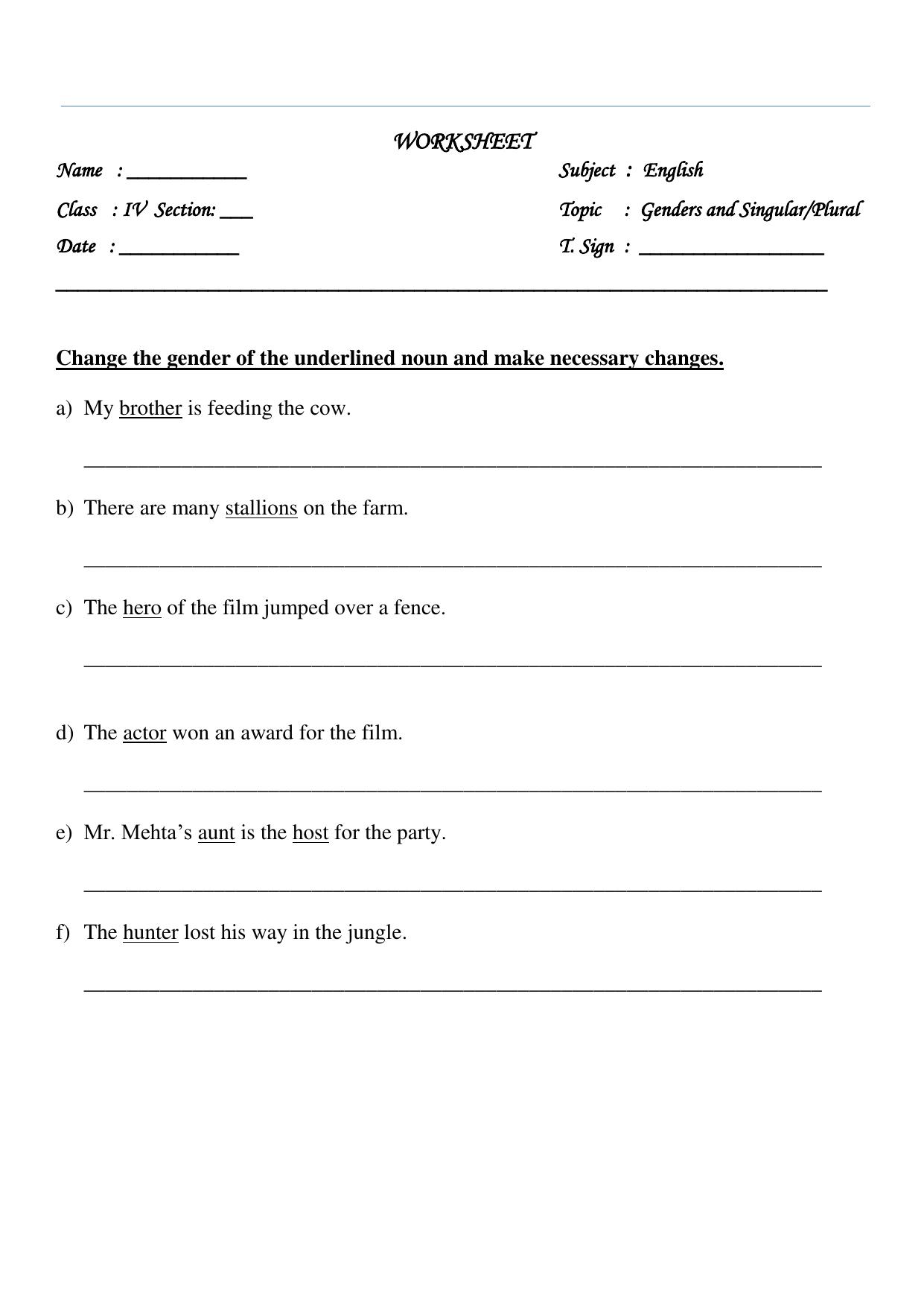 Worksheet for Class 4 English Assignment 74 Genders, Singular Plural - Page 1
