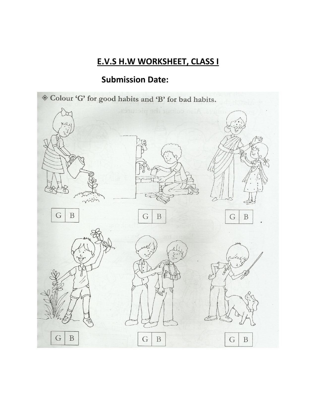 Worksheet for Class 1 EVS Habits Assignment - Page 1