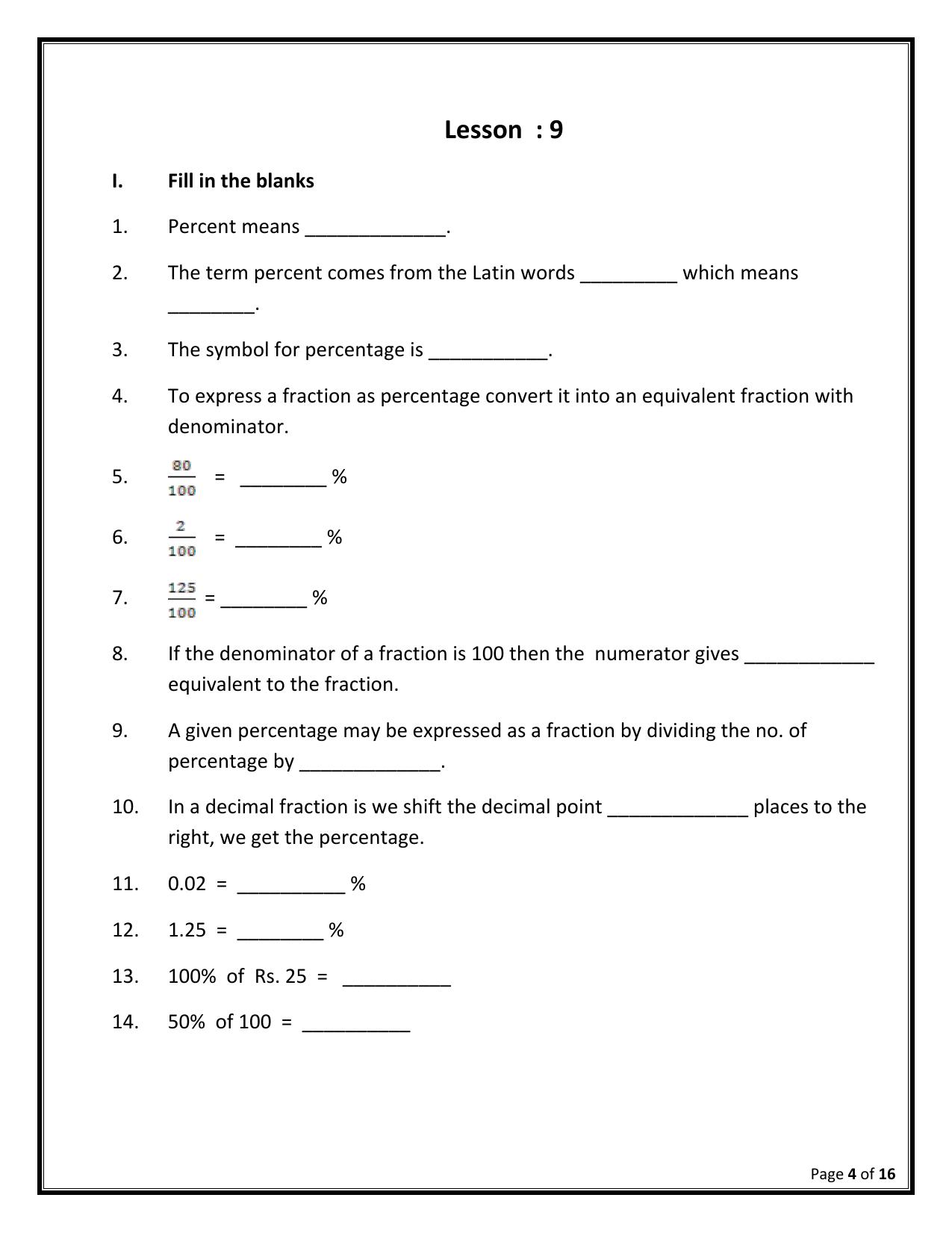 Worksheet for Class 5 Maths Percentage Assignment - Page 1