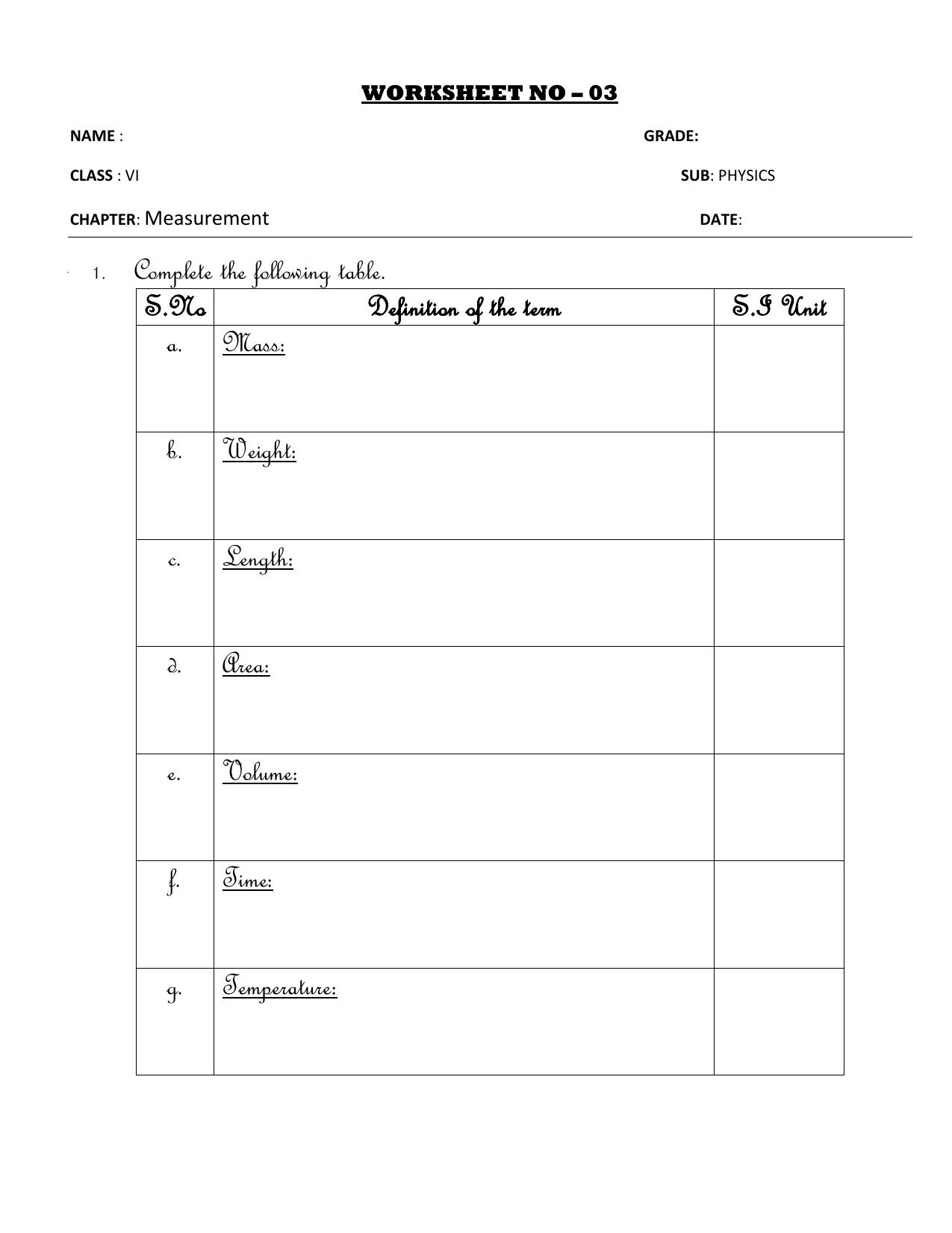 CBSE Worksheets for Class 6 Physics Measurement Assignment 4 - Page 1