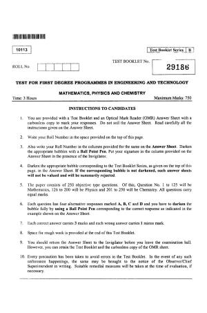 CUSAT CAT 2013 Mathematics, Physics & Chemistry Question Paper