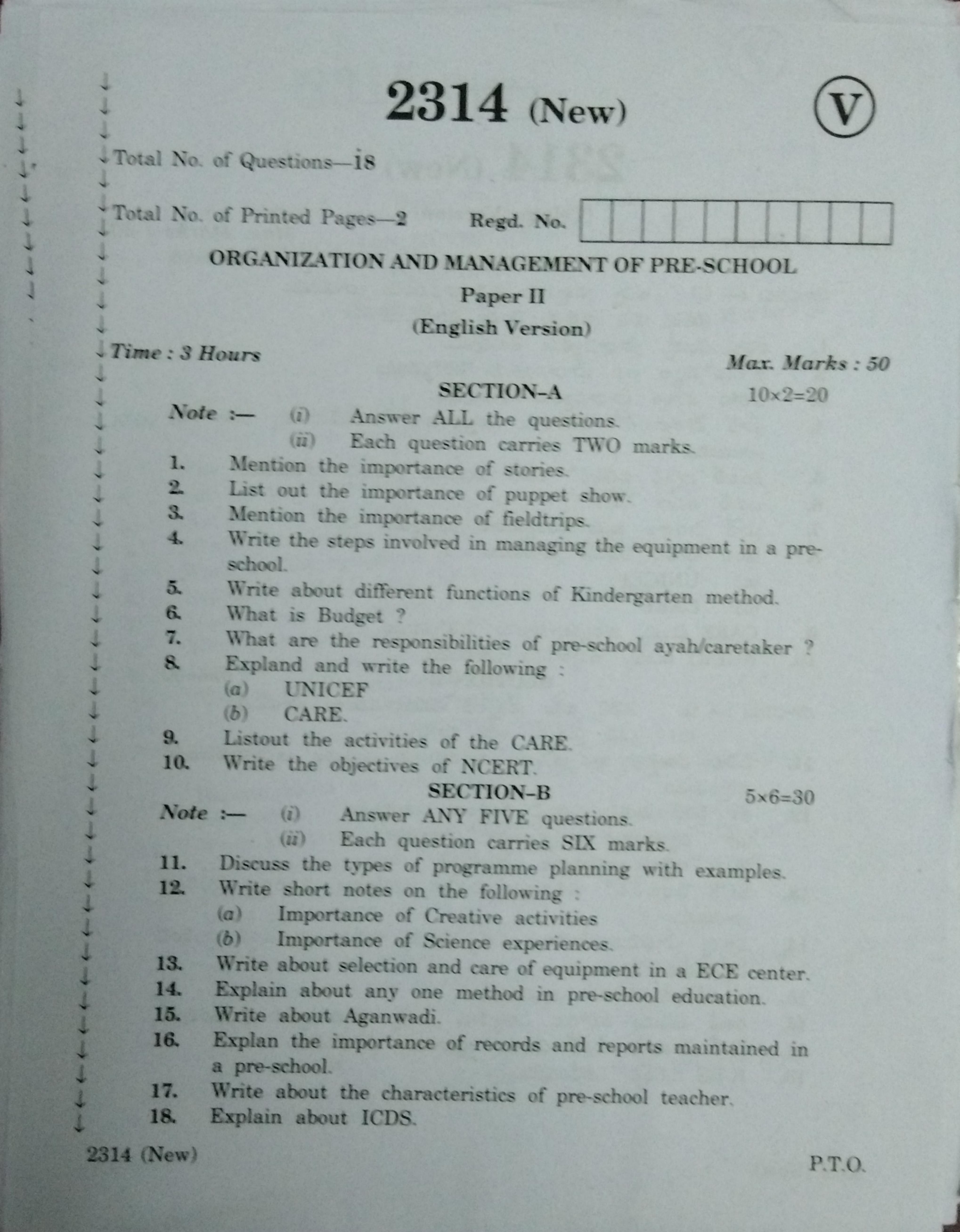 AP Inter 2nd Year Organization Management of Pre School-II (new) March-2020-Vocational Question Paper - Page 1