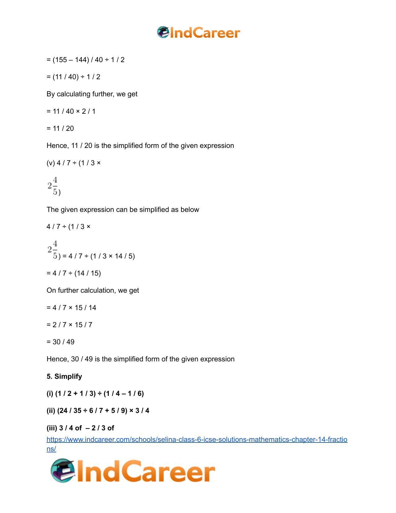 Selina Class 6 ICSE Solutions Mathematics : Chapter 14- Fractions - Page 42
