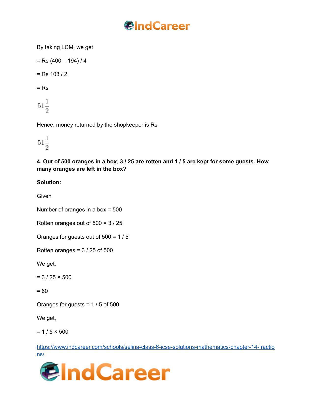Selina Class 6 ICSE Solutions Mathematics : Chapter 14- Fractions - Page 50