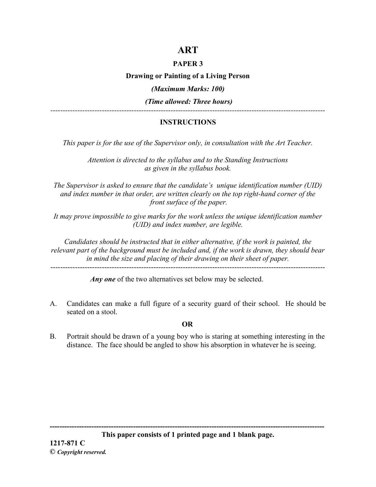 ISC Class 12 2017 ART PAPER 3 Drawing or Painting of a Living Person Question Paper - Page 1