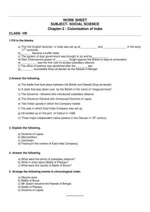 CBSE Worksheets for Class 8 Social Science Colonisation of India Assignment