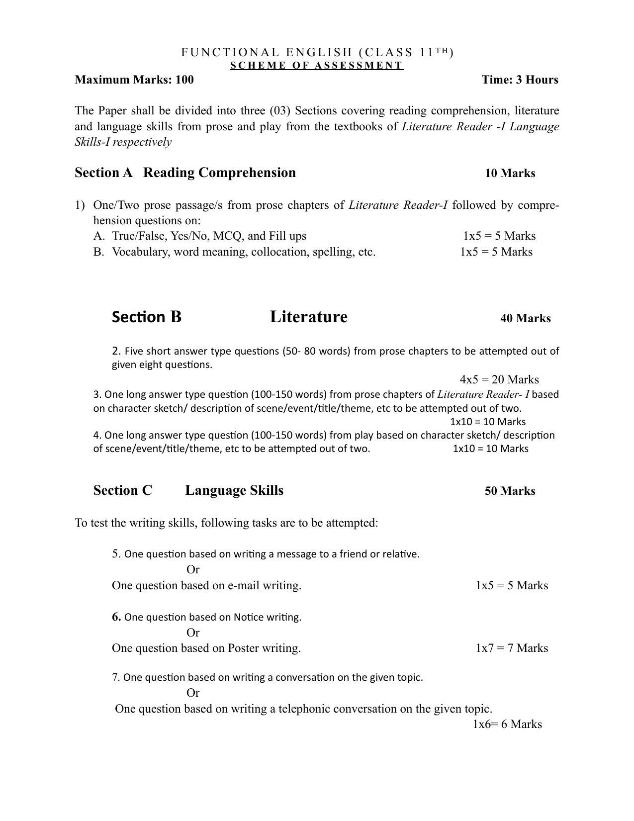 JKBOSE Class 11 Functional English Model Question Paper 2023 - Page 1