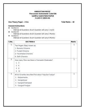 CBSE Class 10 Hindustani Music (Percussion) Sample Paper 2024