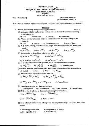 Bilaspur University Question Paper June 2022:M.A./M.Sc. Mathematics (Fourth Semester) Fluid Mechanics -II Paper 1