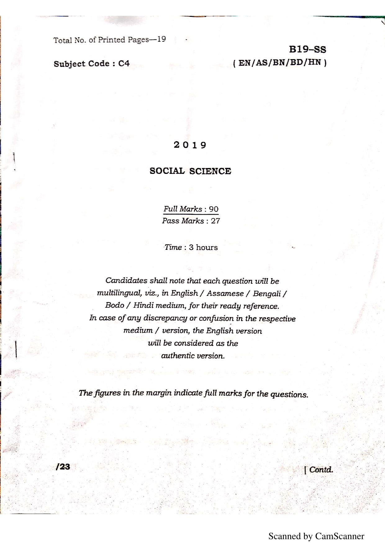 SEBA HSLC Social Science Question Paper 2019 - Page 1