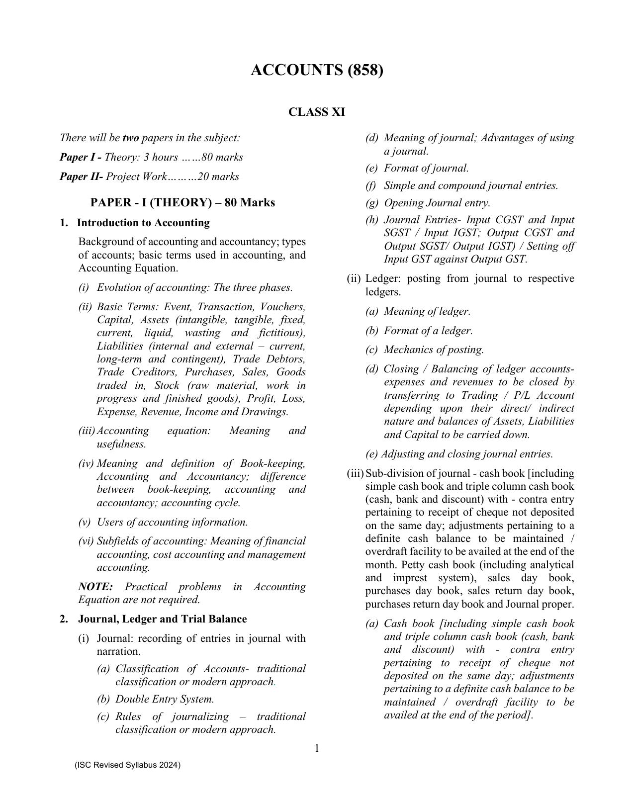 ISC Class XI Accounts  2025 Syllabus - Page 1