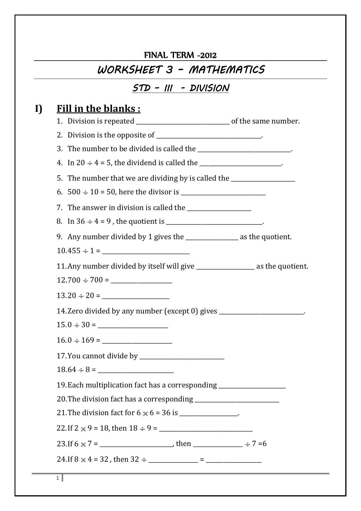 Worksheet for Class 3 Mathematics Division Assignment VII - Page 1