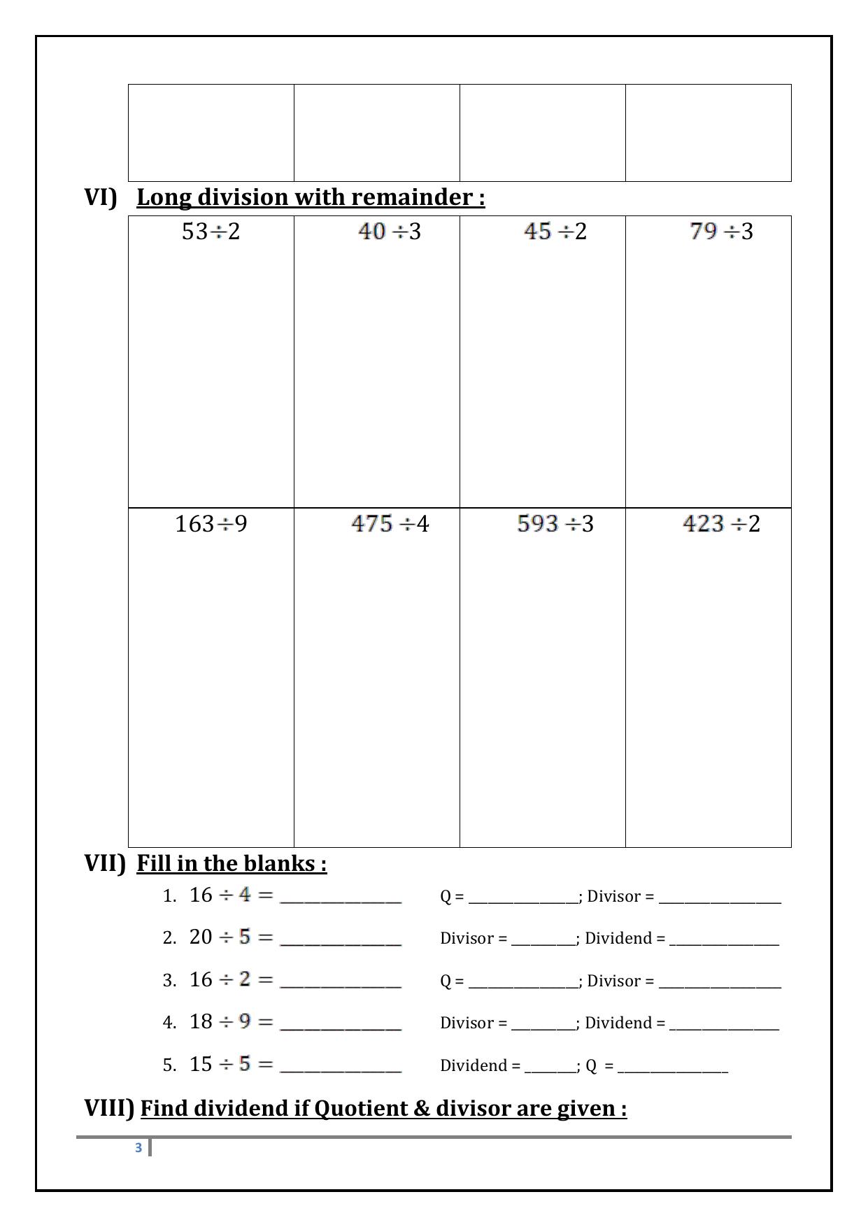 Worksheet for Class 3 Mathematics Division Assignment VII - Page 3