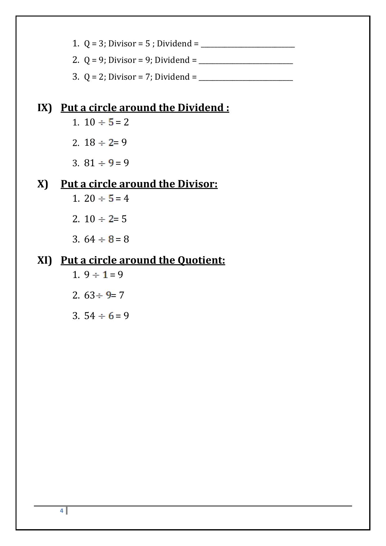 Worksheet for Class 3 Mathematics Division Assignment VII - Page 4
