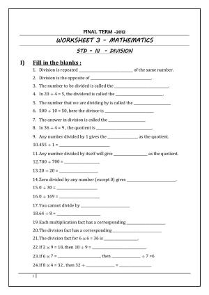 Worksheet for Class 3 Mathematics Division Assignment VII
