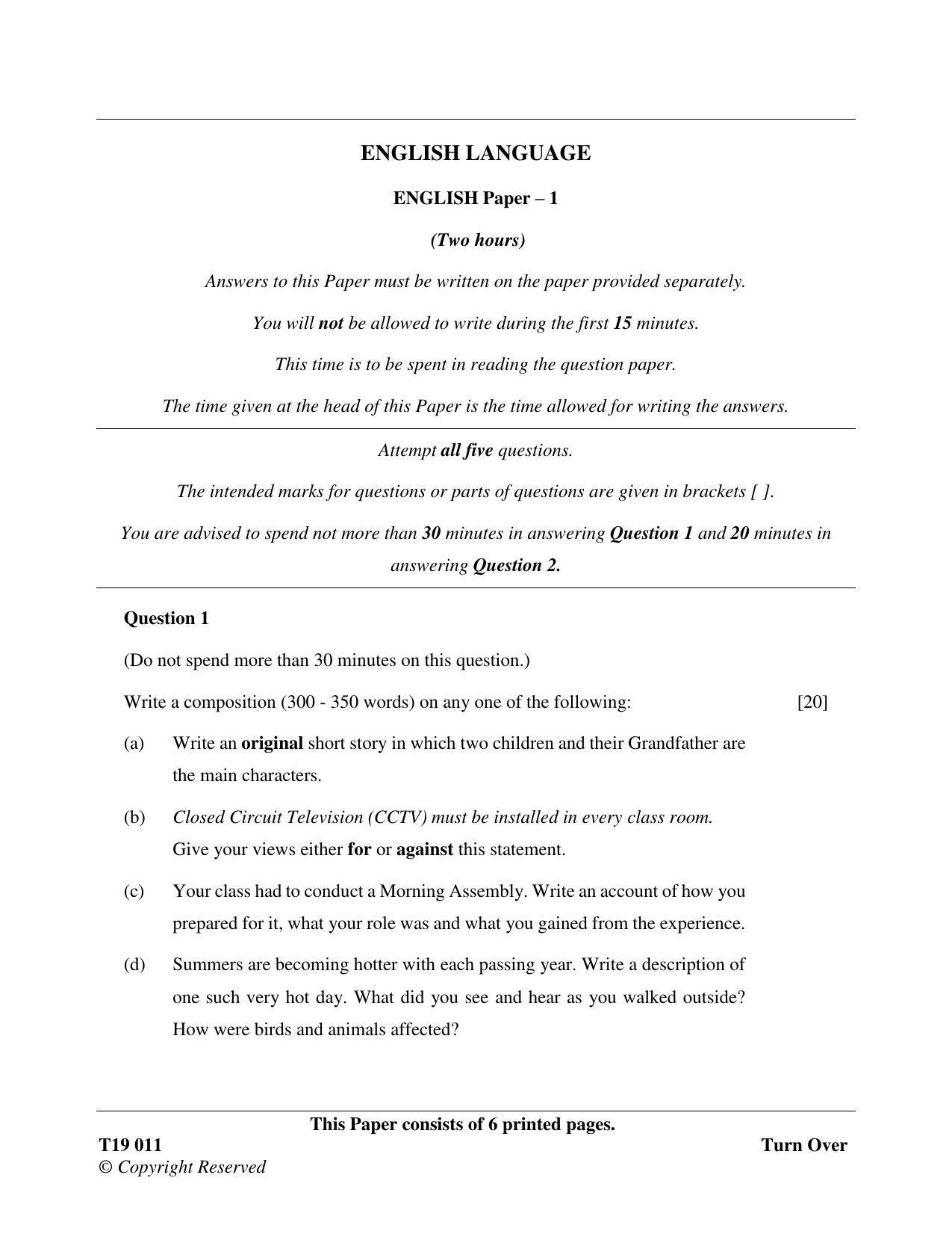 ICSE Class 10 English Paper I 2019 Question Paper - Page 1