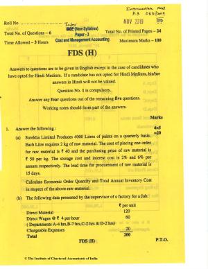 CA Inter Nov 2019 Question Paper - Paper 3 – Cost and Management Accounting