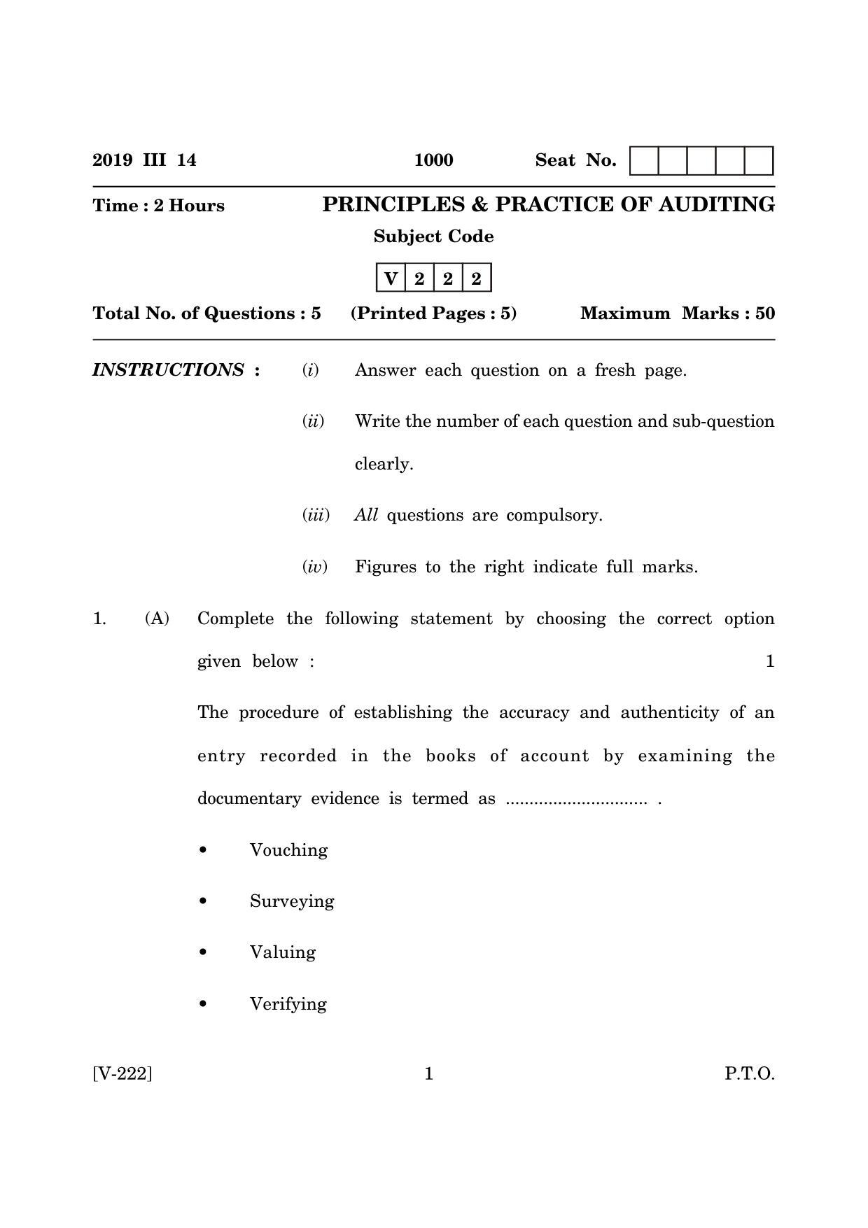 Goa Board Class 12 Principles & Practice of Auditing  2019 (March 2019) Question Paper - Page 1