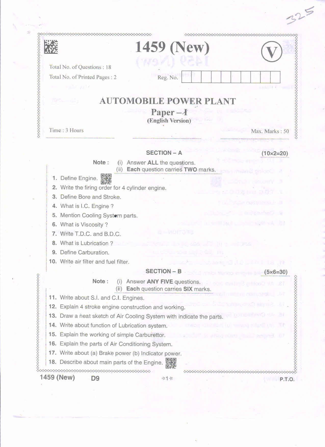 AP Intermediate 2nd Year Vocational Question Paper September-2021- Automoblie_Power_Plant-I - Page 1