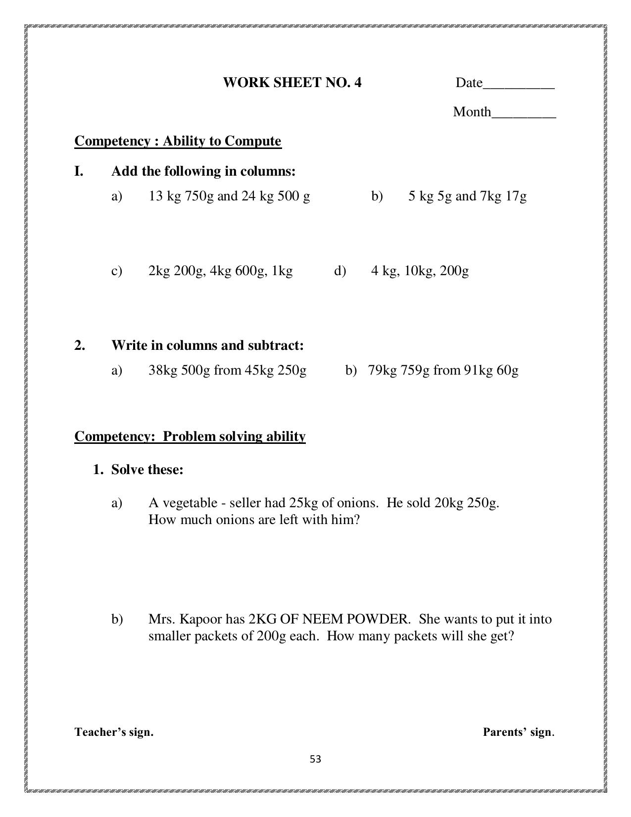 Worksheet for Class 4 Maths How Heavy How Light Assignment 3 - Page 1