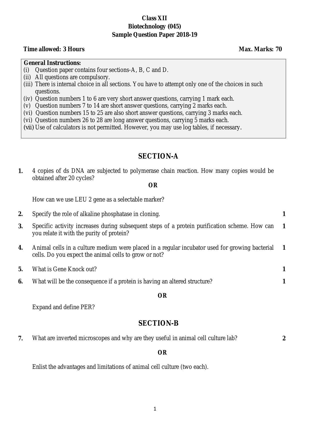 CBSE Class 12 Biotechnology-Sample Paper 2018-19 - Page 1