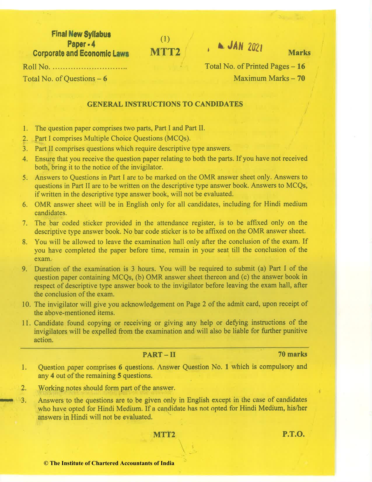 CA Final Jan 2021 Question Paper - Paper 4 – Corporate & Economic Laws - Page 1