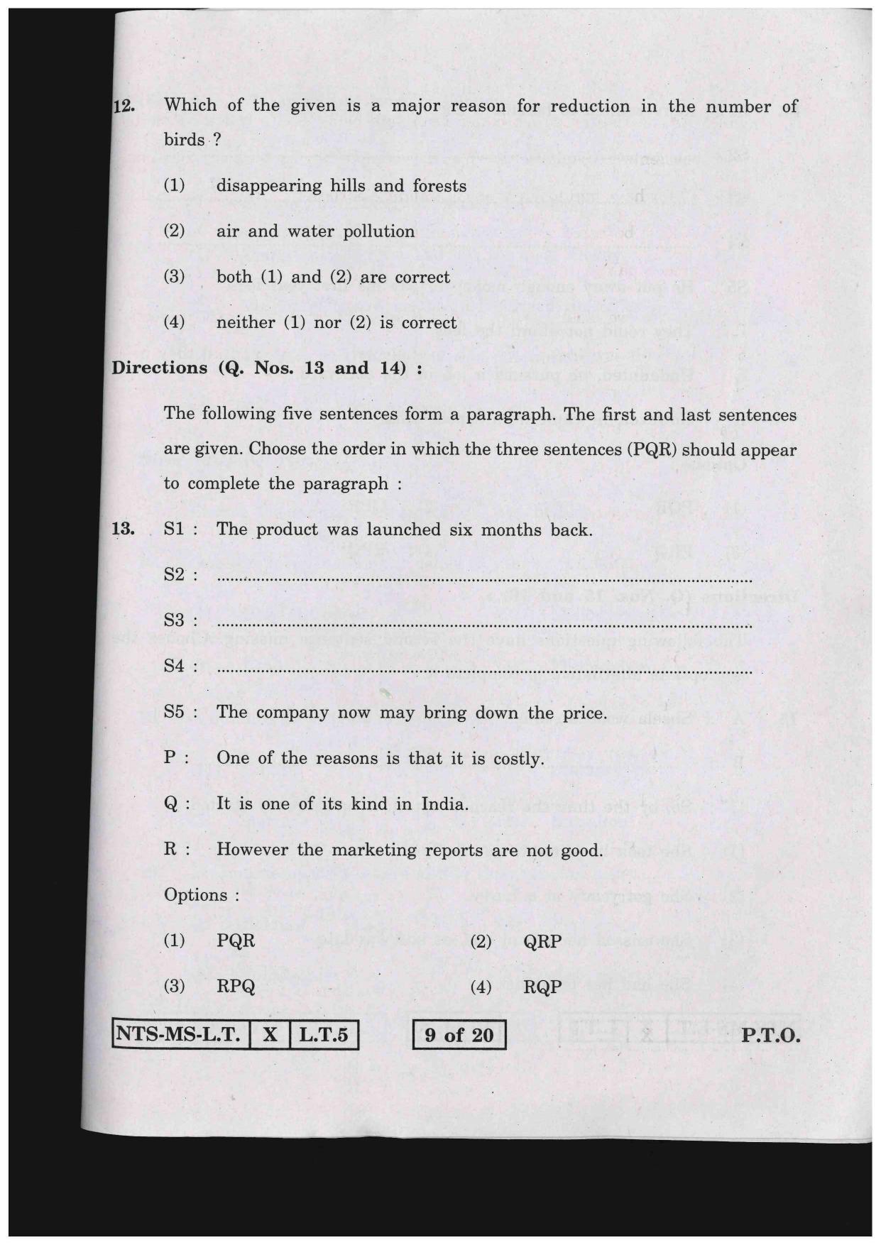 Maharashtra NTSE 2015 LT (English) Question Paper - Page 9