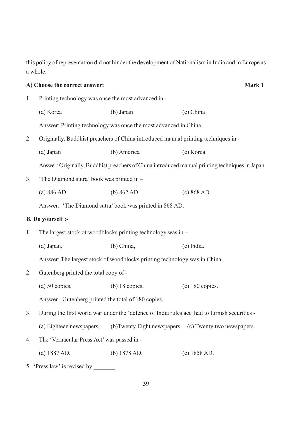 Tripura Board Class 10 Social Science English Version Workbooks - Page 39