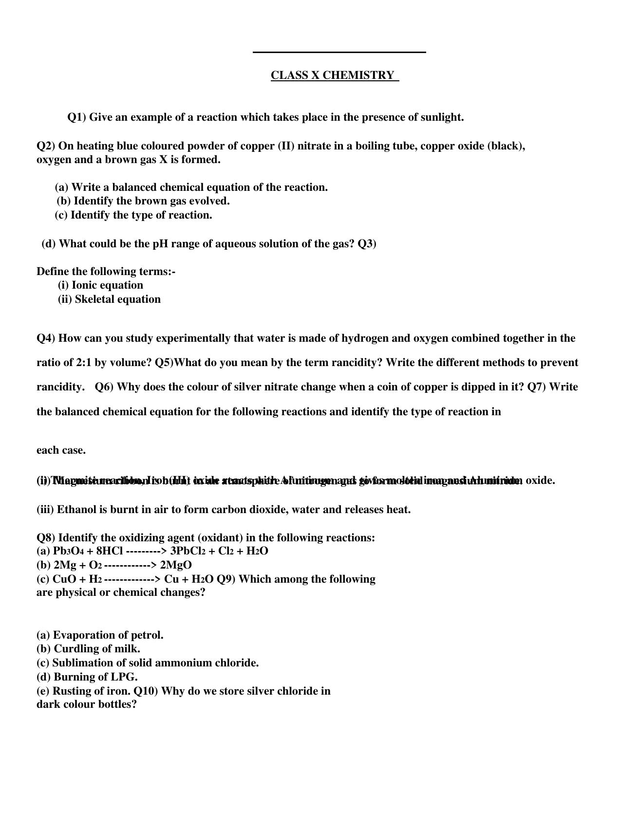 CBSE Worksheets for Class 10 Chemistry Assignment 5 - Page 1