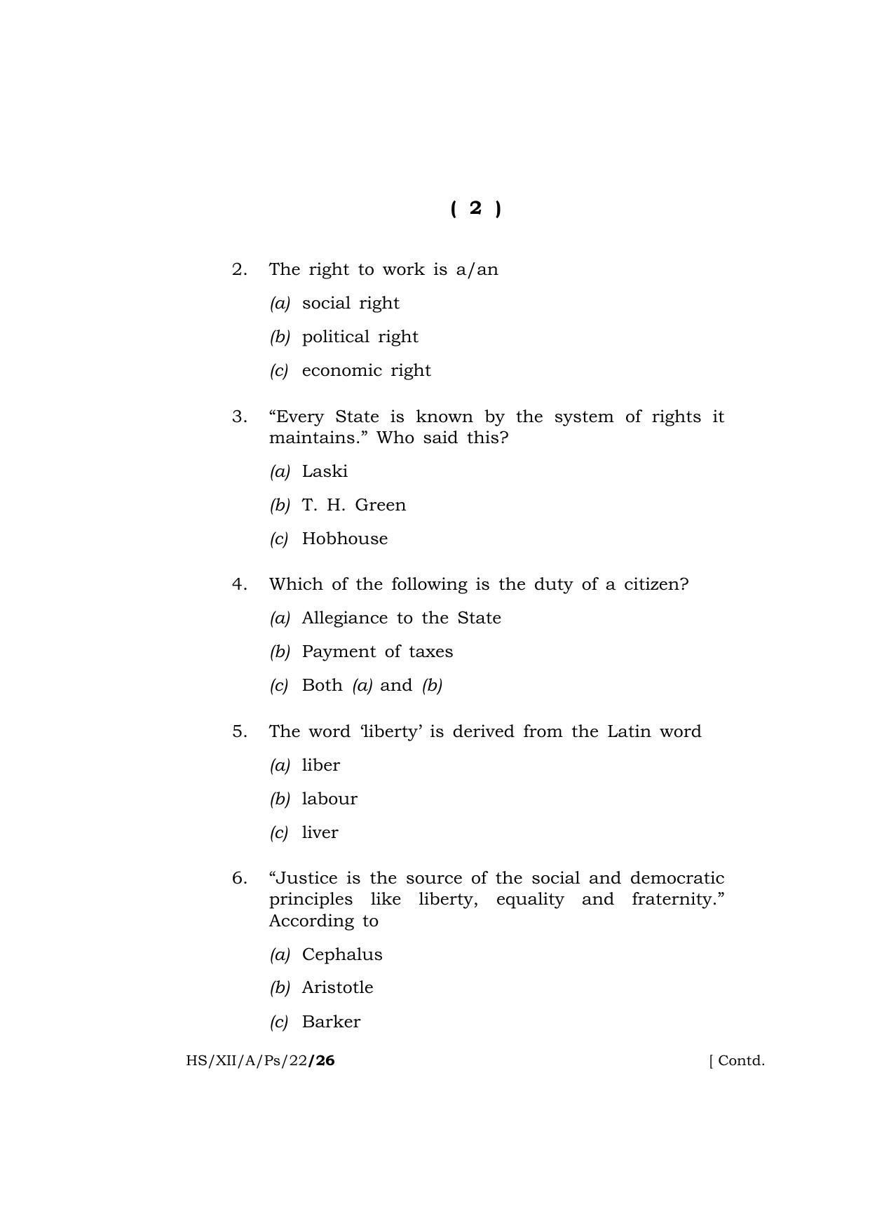Meghalaya Board (MBOSE) Class 12 POLITICAL SCIENCE  (HS_XII_A_Ps_22) 2022 Question Paper - Page 2