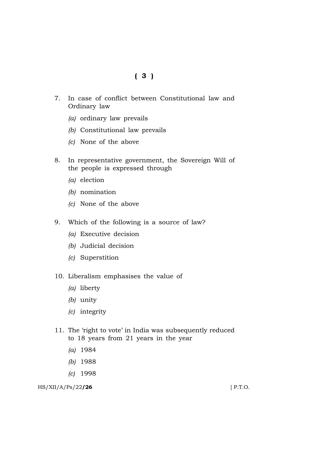 Meghalaya Board (MBOSE) Class 12 POLITICAL SCIENCE  (HS_XII_A_Ps_22) 2022 Question Paper - Page 3