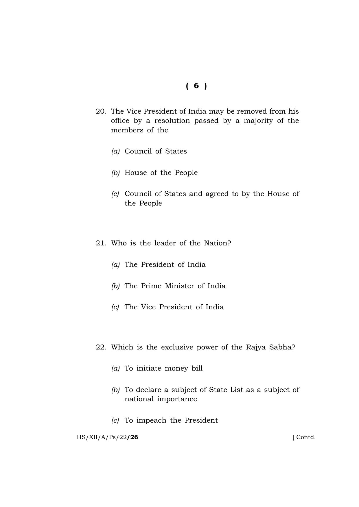 Meghalaya Board (MBOSE) Class 12 POLITICAL SCIENCE  (HS_XII_A_Ps_22) 2022 Question Paper - Page 6