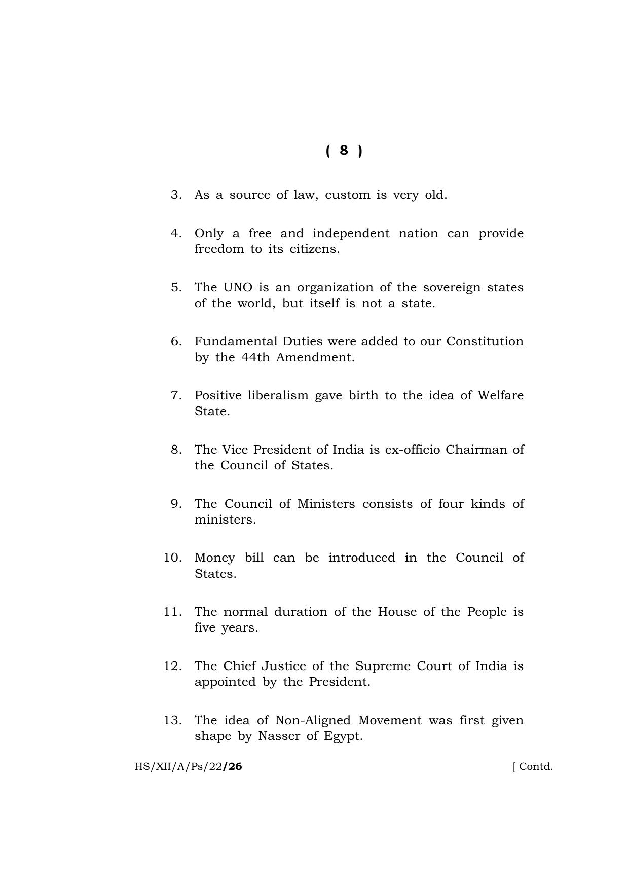Meghalaya Board (MBOSE) Class 12 POLITICAL SCIENCE  (HS_XII_A_Ps_22) 2022 Question Paper - Page 8