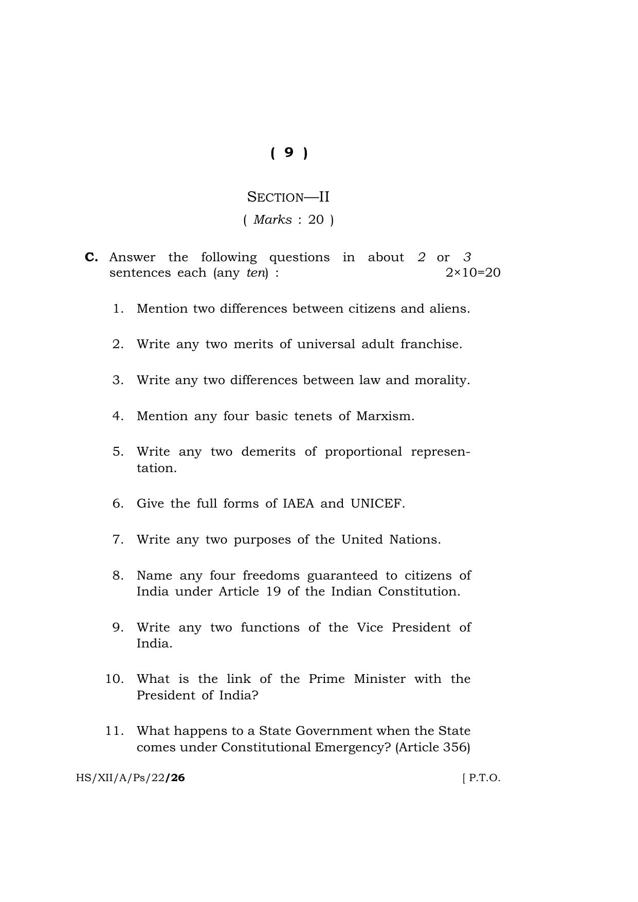 Meghalaya Board (MBOSE) Class 12 POLITICAL SCIENCE  (HS_XII_A_Ps_22) 2022 Question Paper - Page 9