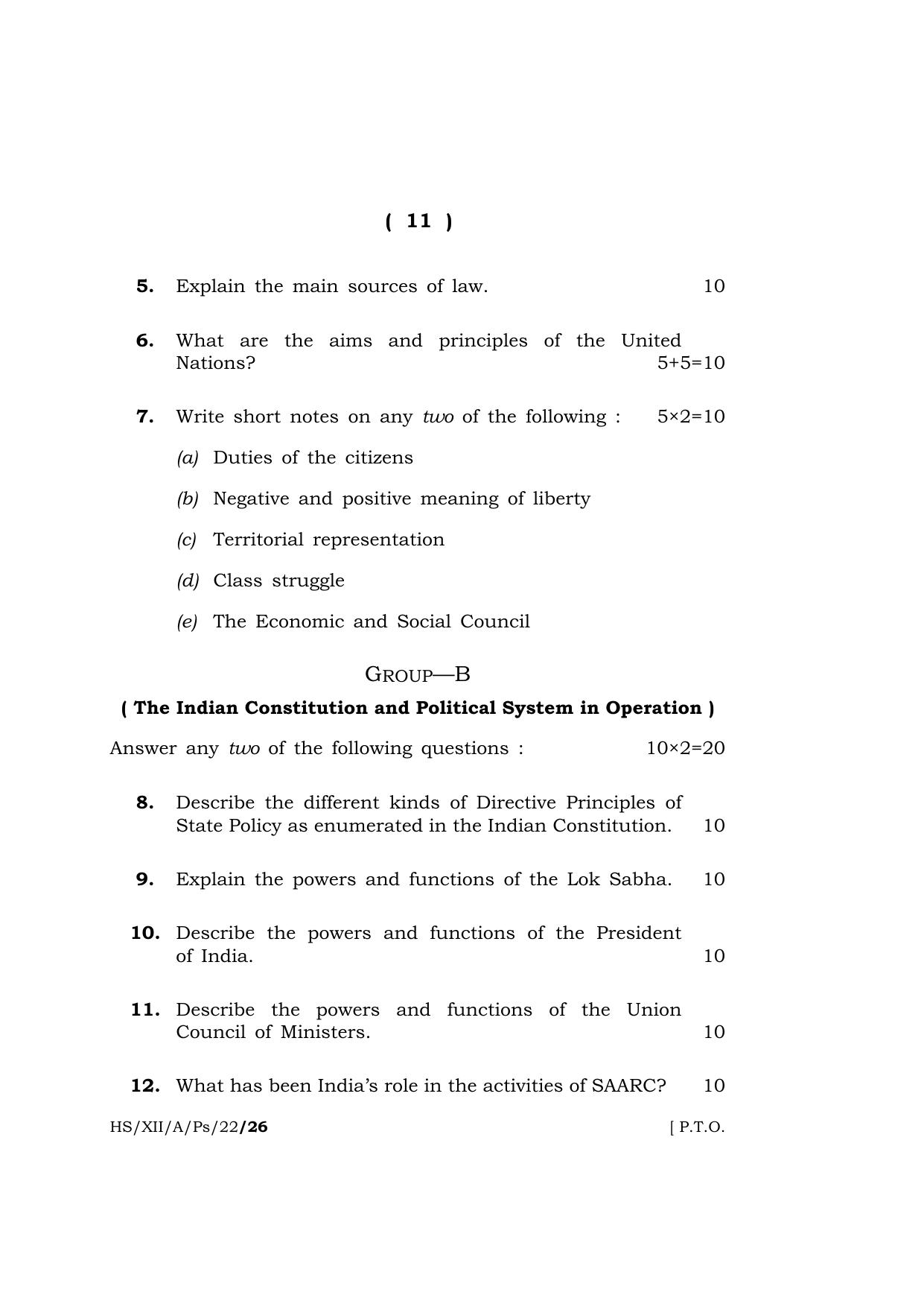 Meghalaya Board (MBOSE) Class 12 POLITICAL SCIENCE  (HS_XII_A_Ps_22) 2022 Question Paper - Page 11