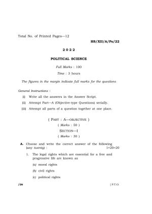 Meghalaya Board (MBOSE) Class 12 POLITICAL SCIENCE  (HS_XII_A_Ps_22) 2022 Question Paper