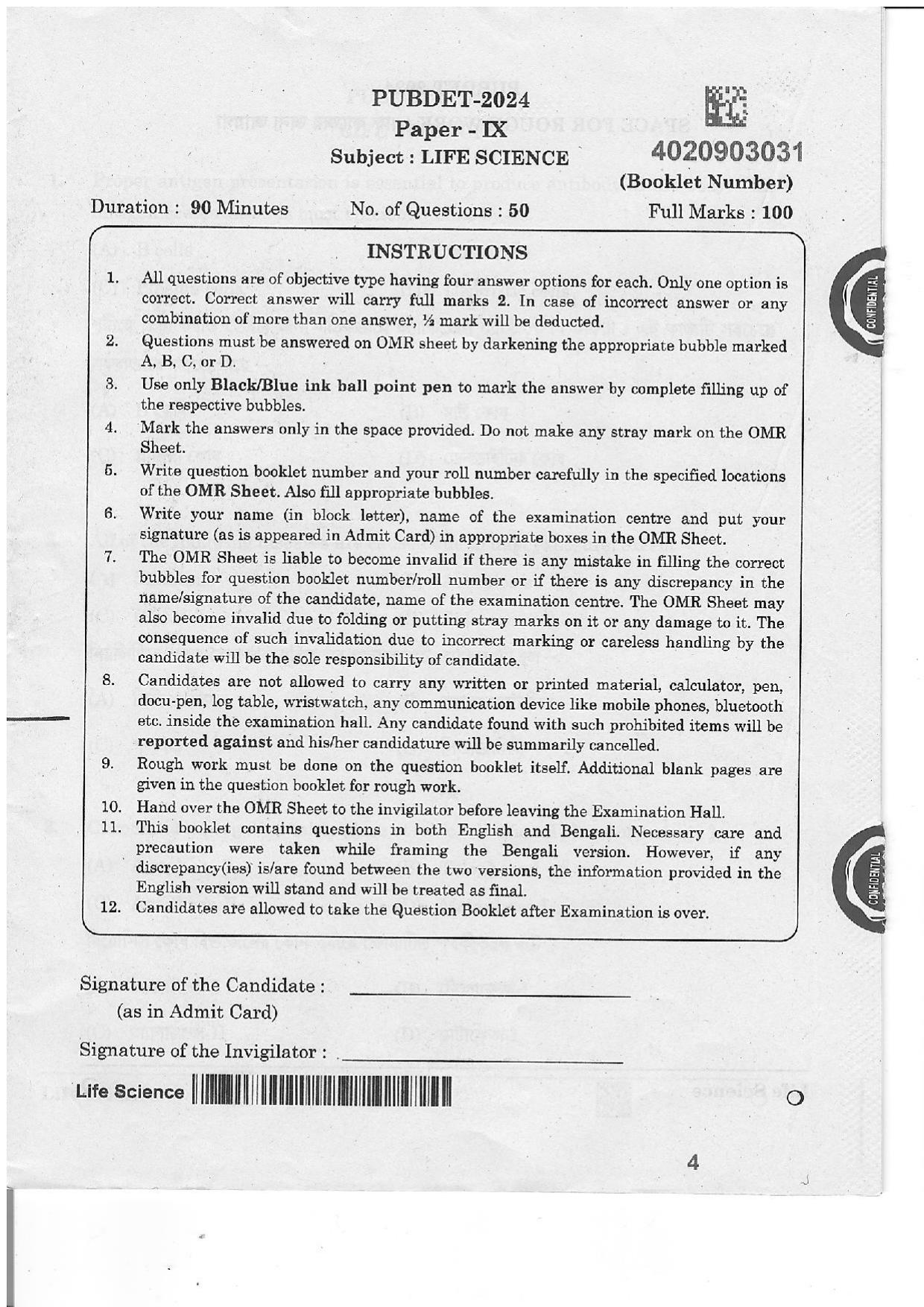 WB PUBDET 2024 Life Science Question Paper - Page 1