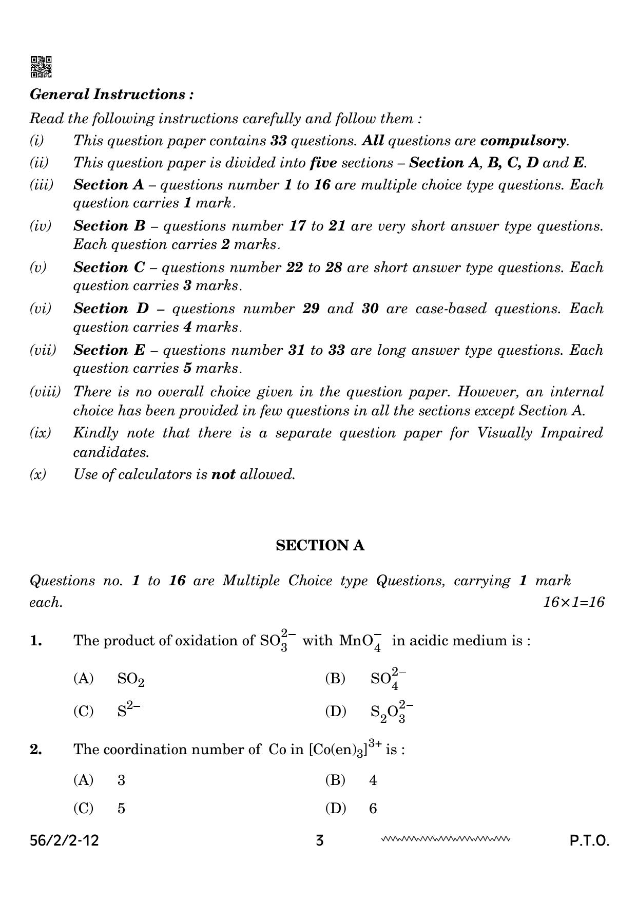 CBSE Class 12 56-2-2 Chemistry 2024 Question Paper - Page 3