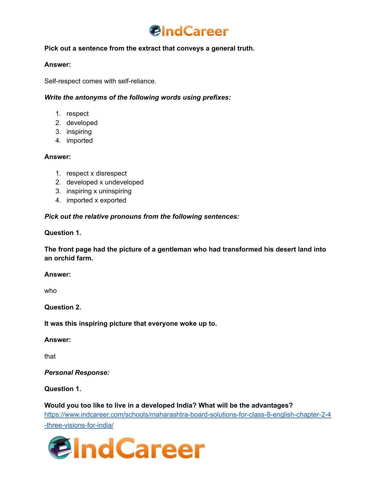 Maharashtra Board Solutions for Class 8- English: Chapter 2.4- Three Visions for India - Page 16