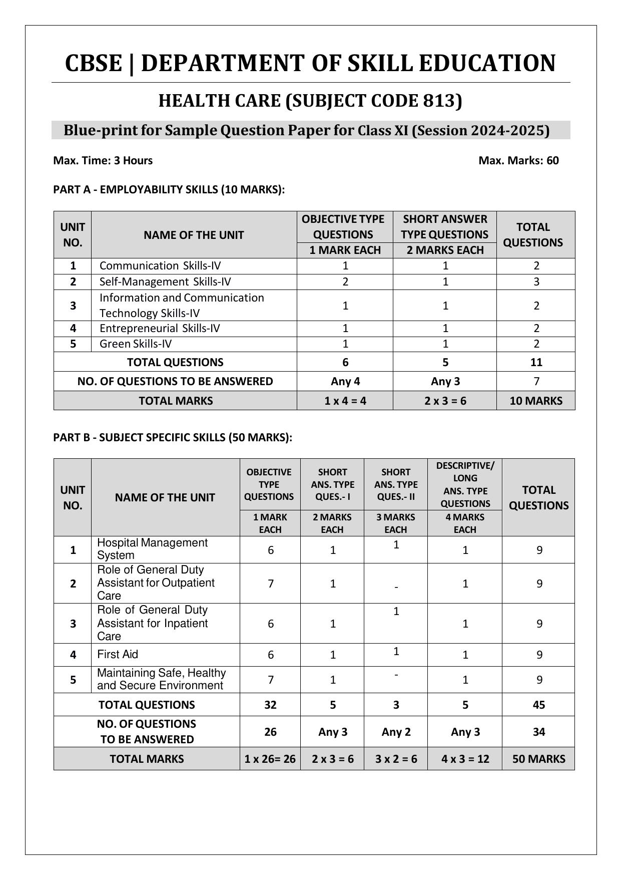 CBSE Class 11: Health Care 2025 Sample Paper - Page 1