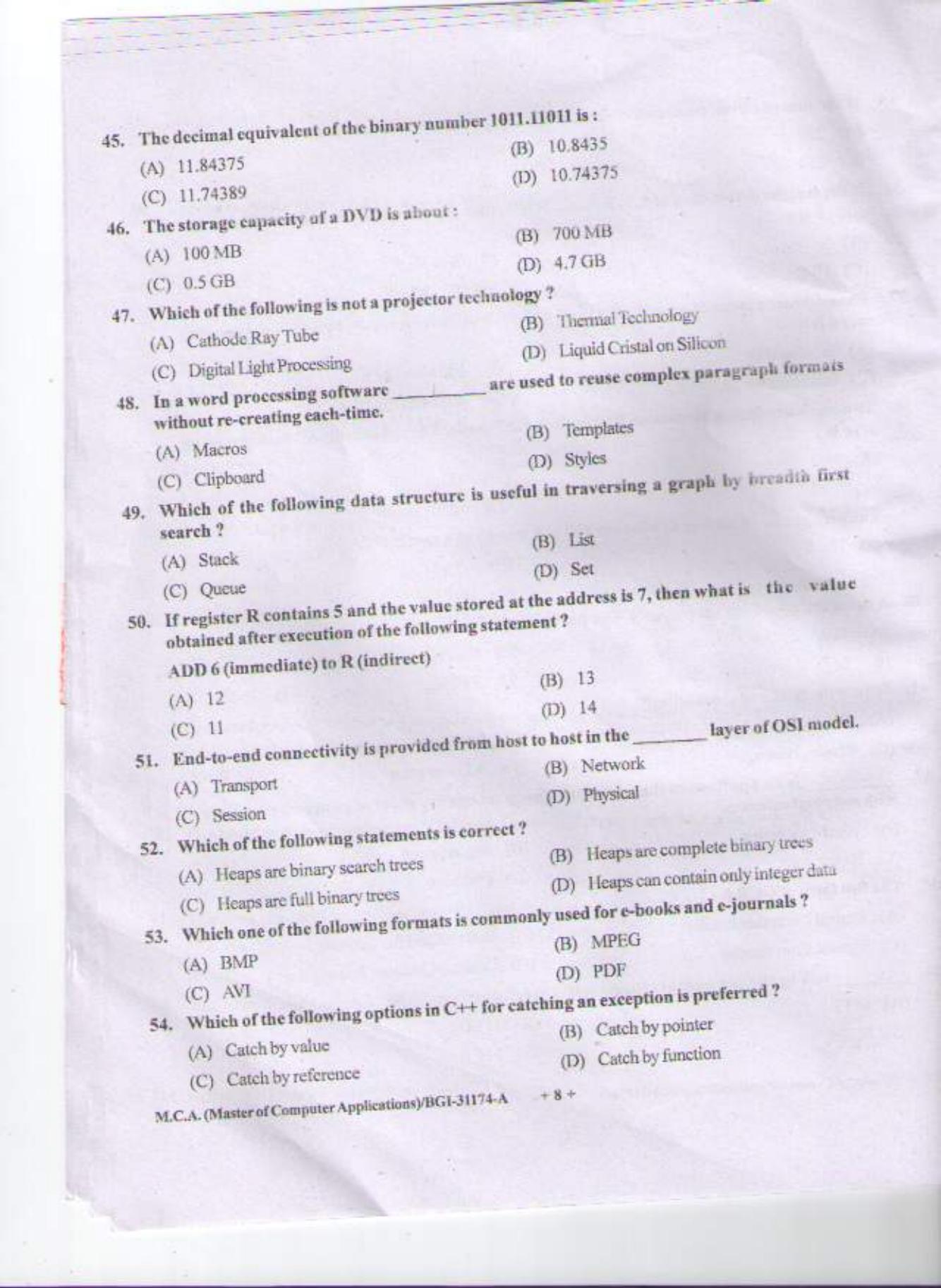 PU CET PG 2015: M.C.A Question Paper - Page 7
