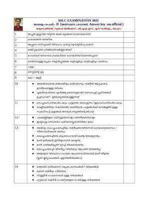 Kerala SSLC 2022 Malayalam II Answer Key (Annual)