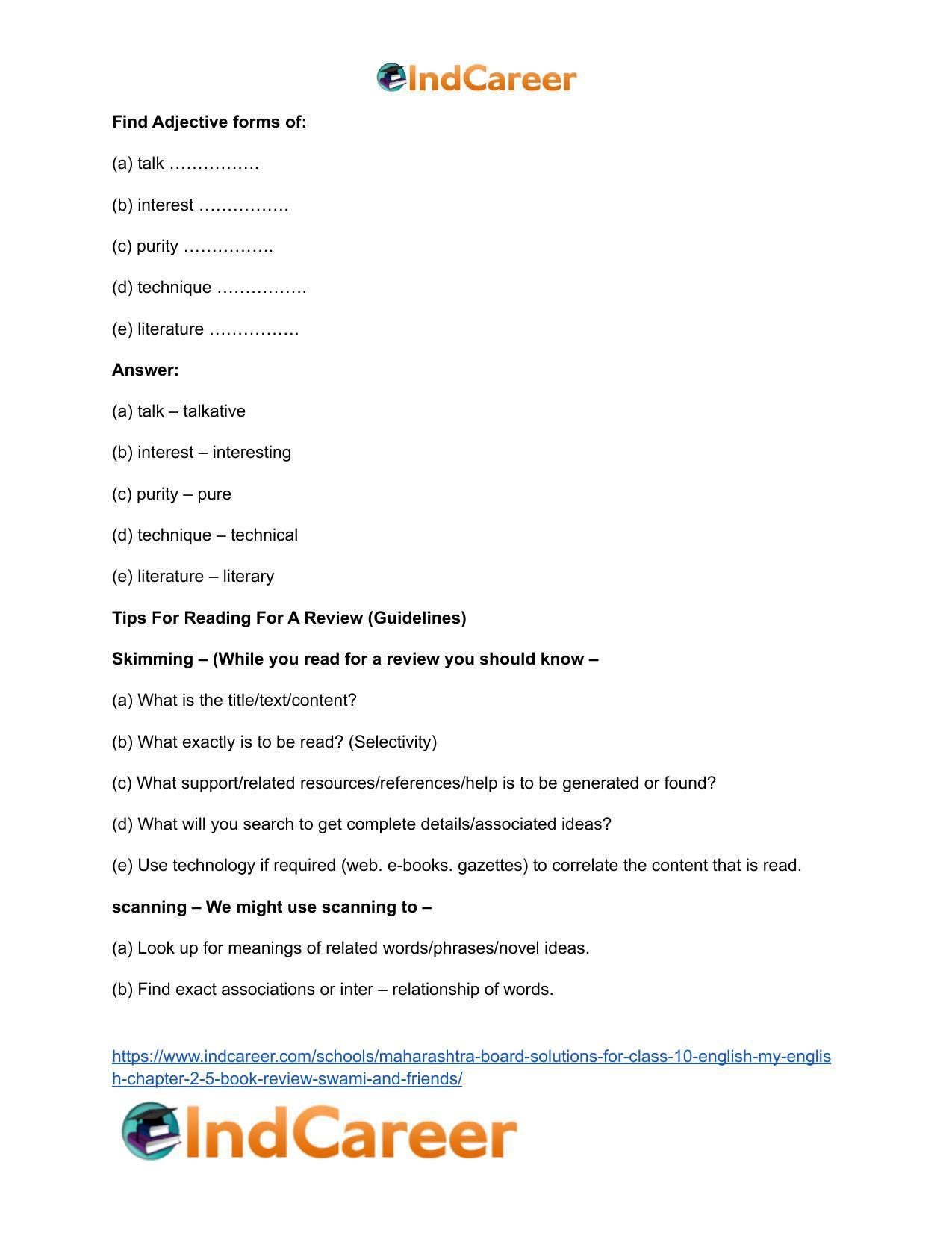 Maharashtra Board Solutions for Class 10- English (My English): Chapter 2.5- Book Review – Swami and Friends - Page 13