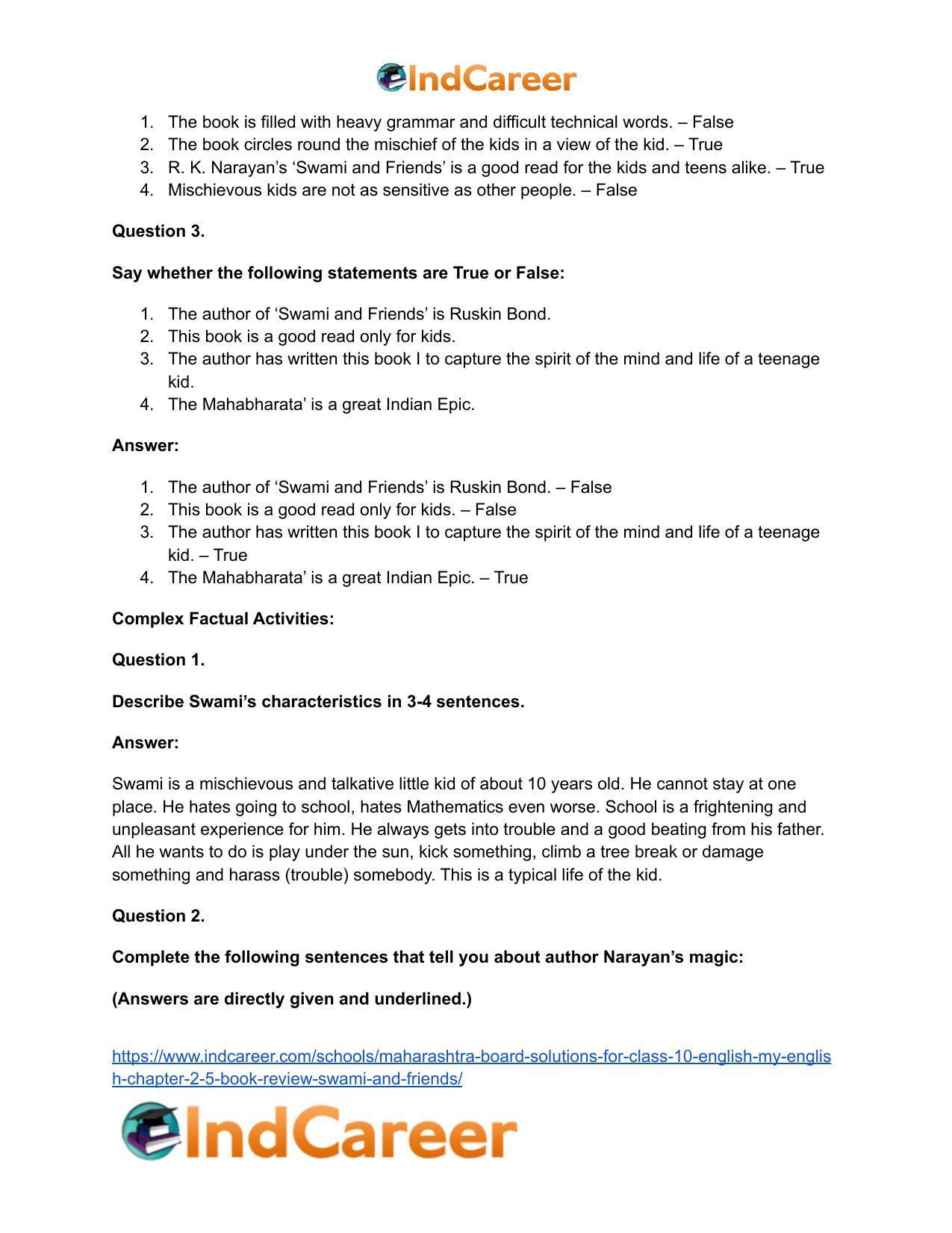Maharashtra Board Solutions for Class 10- English (My English): Chapter 2.5- Book Review – Swami and Friends - Page 16